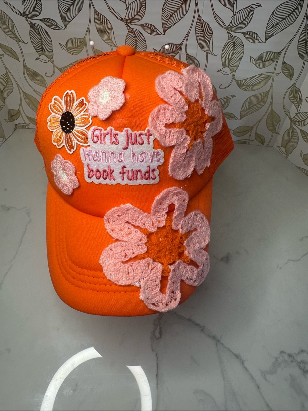 Girls Just Wanna Have Book Funds Orange Floral Baseball Cap